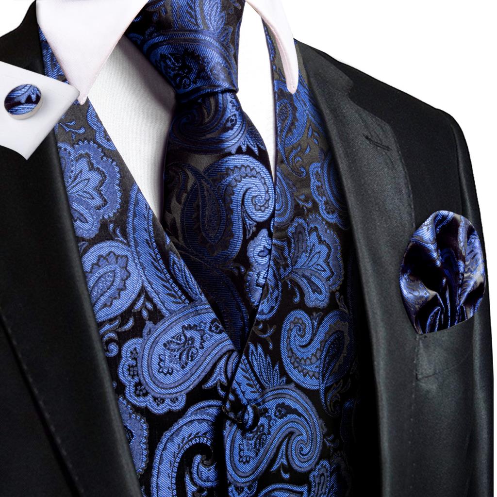 Men’s 4-Piece Paisley Vest Set – Royal Blue Waistcoat with Tie, Pocket Square & Cufflinks – Formal Tuxedo Suit Accessory for Wedding, Party, Prom