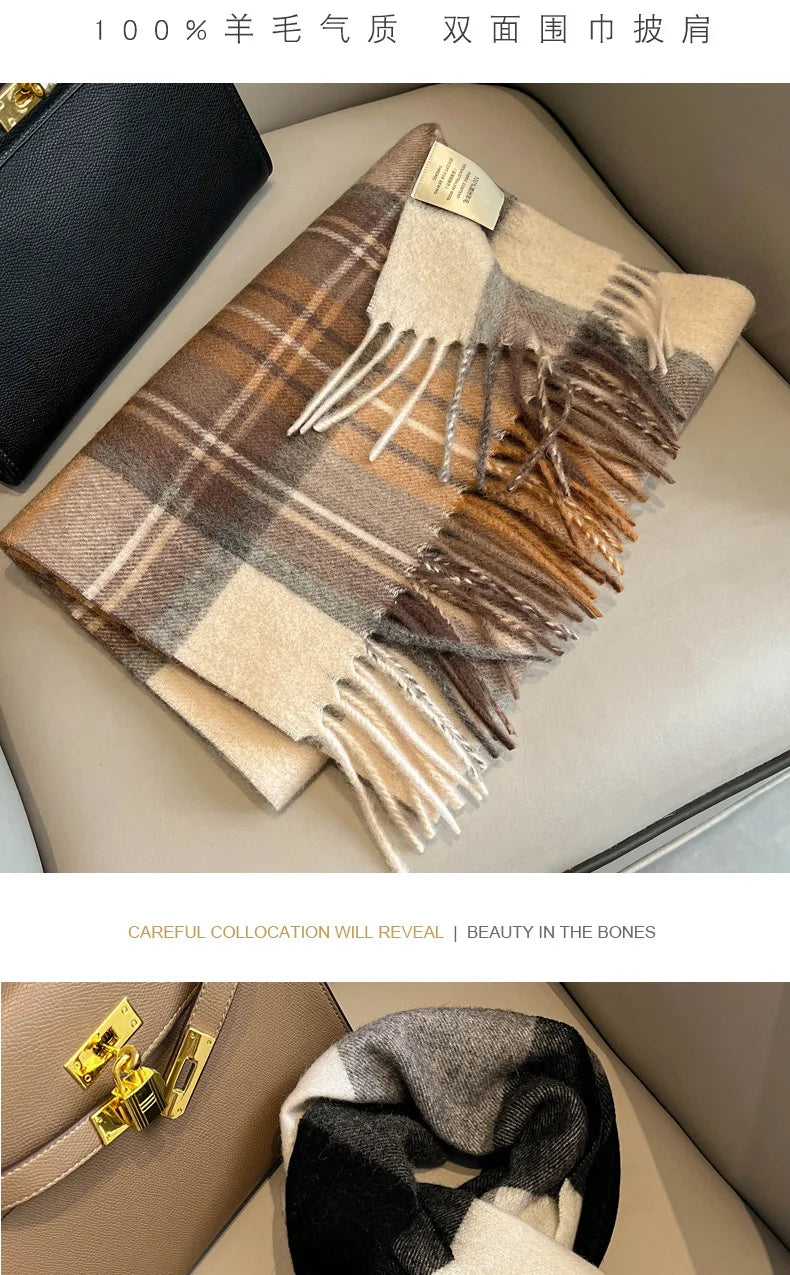 High Quality 100% Pure Wool Plaid Scarf Women Couples Winter Autumn Soft Warm Tassel Classic Muffler Ladies Thermal Shawl Female