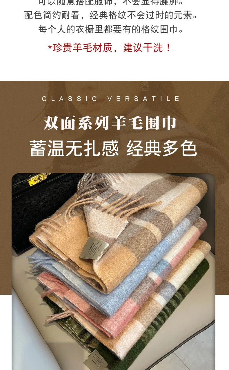 High Quality 100% Pure Wool Plaid Scarf Women Couples Winter Autumn Soft Warm Tassel Classic Muffler Ladies Thermal Shawl Female