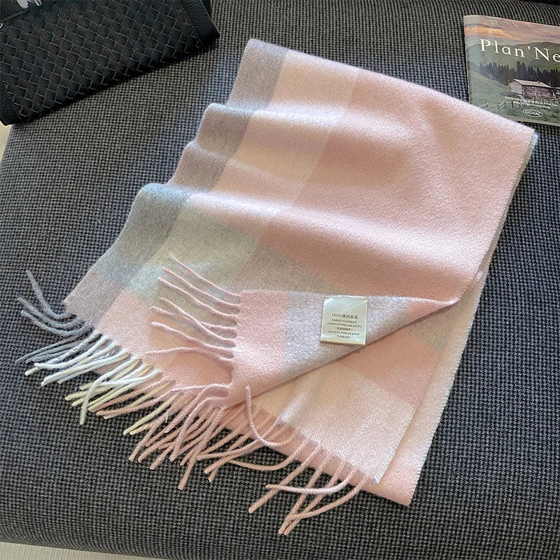 High Quality 100% Pure Wool Plaid Scarf Women Couples Winter Autumn Soft Warm Tassel Classic Muffler Ladies Thermal Shawl Female