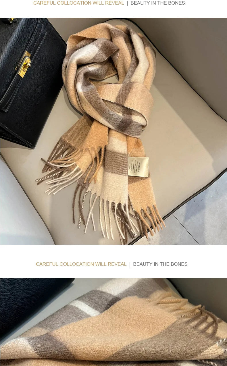 High Quality 100% Pure Wool Plaid Scarf Women Couples Winter Autumn Soft Warm Tassel Classic Muffler Ladies Thermal Shawl Female