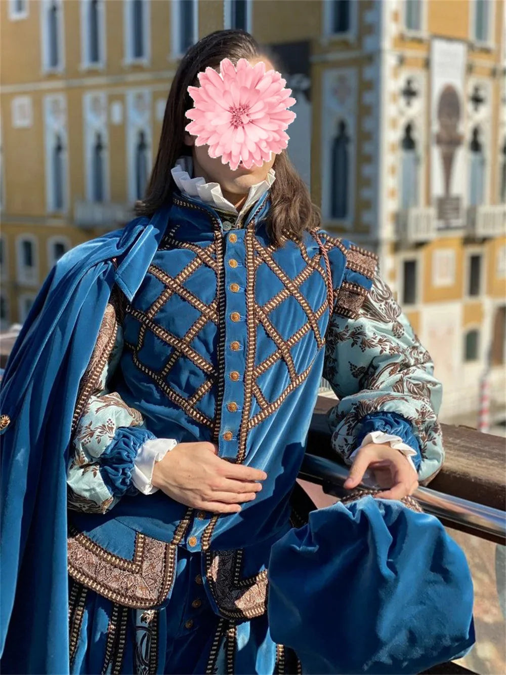 Medieval Renaissance Tudor Mens Costume Blue Royal Noble Prince Costume Tudor Elizabethan King Henry Ball Gown with Cape