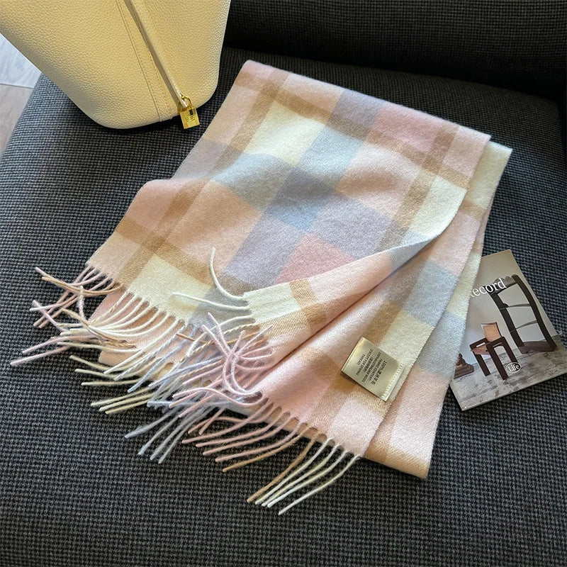 High Quality 100% Pure Wool Plaid Scarf Women Couples Winter Autumn Soft Warm Tassel Classic Muffler Ladies Thermal Shawl Female