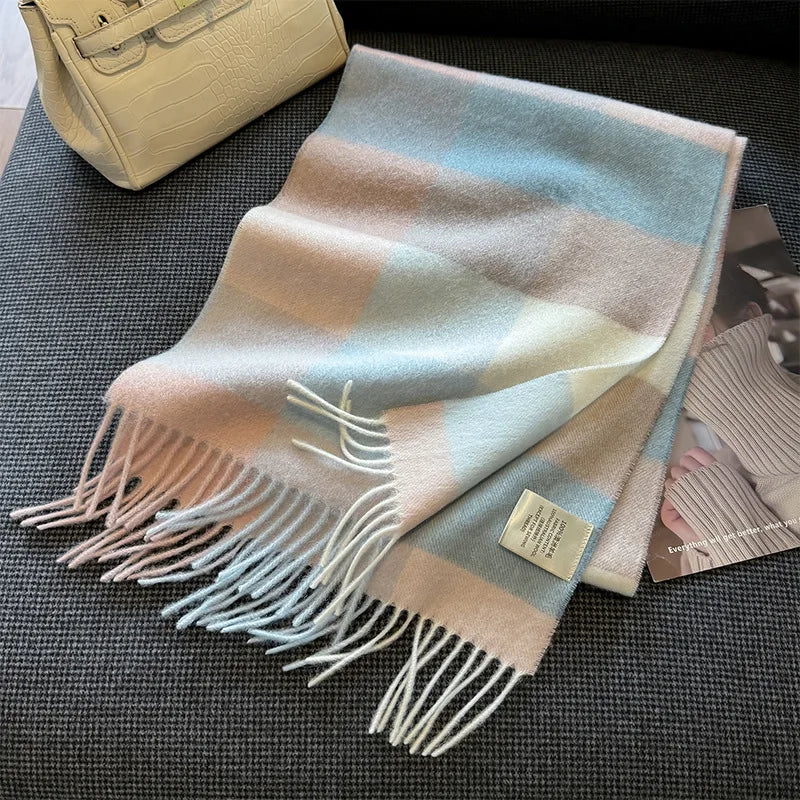High Quality 100% Pure Wool Plaid Scarf Women Couples Winter Autumn Soft Warm Tassel Classic Muffler Ladies Thermal Shawl Female