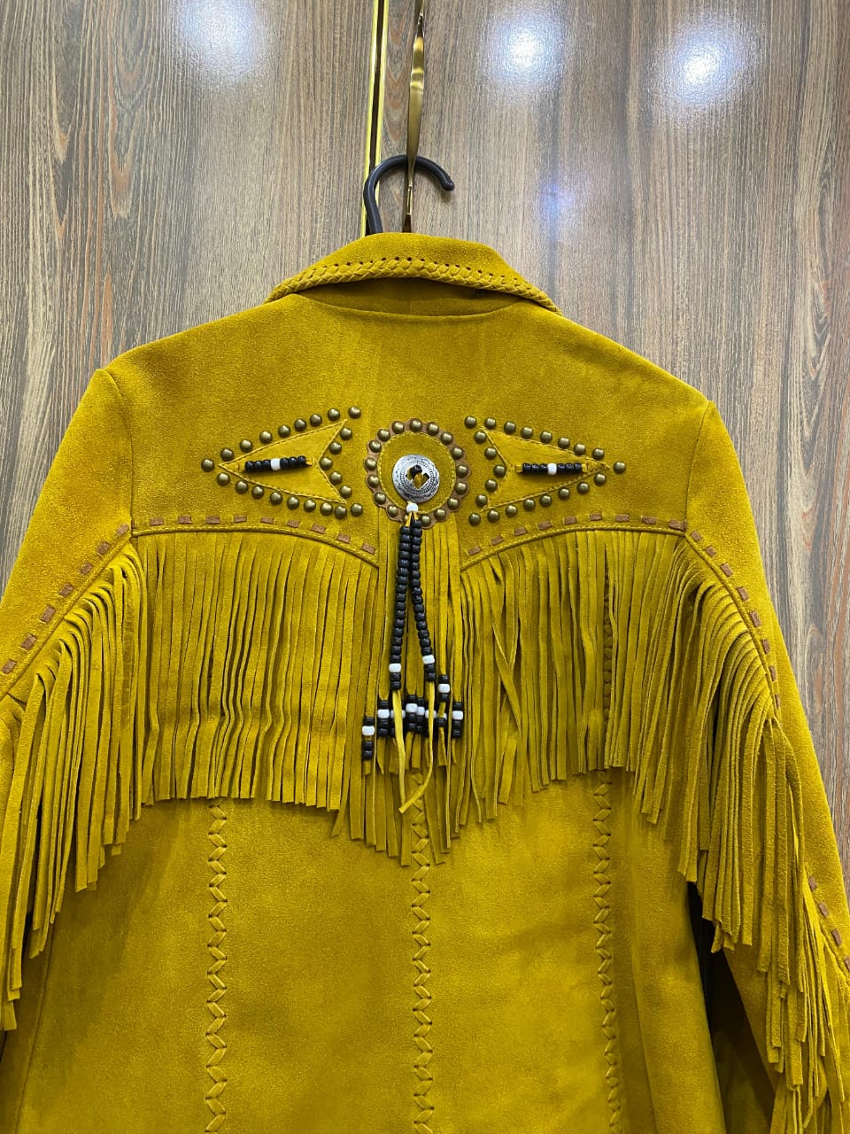 Women’s Genuine Cow Suede Fringe Jacket – Western Boho Studded Concho Tassel Coat, Button Front, Fully Lined (Mustard)