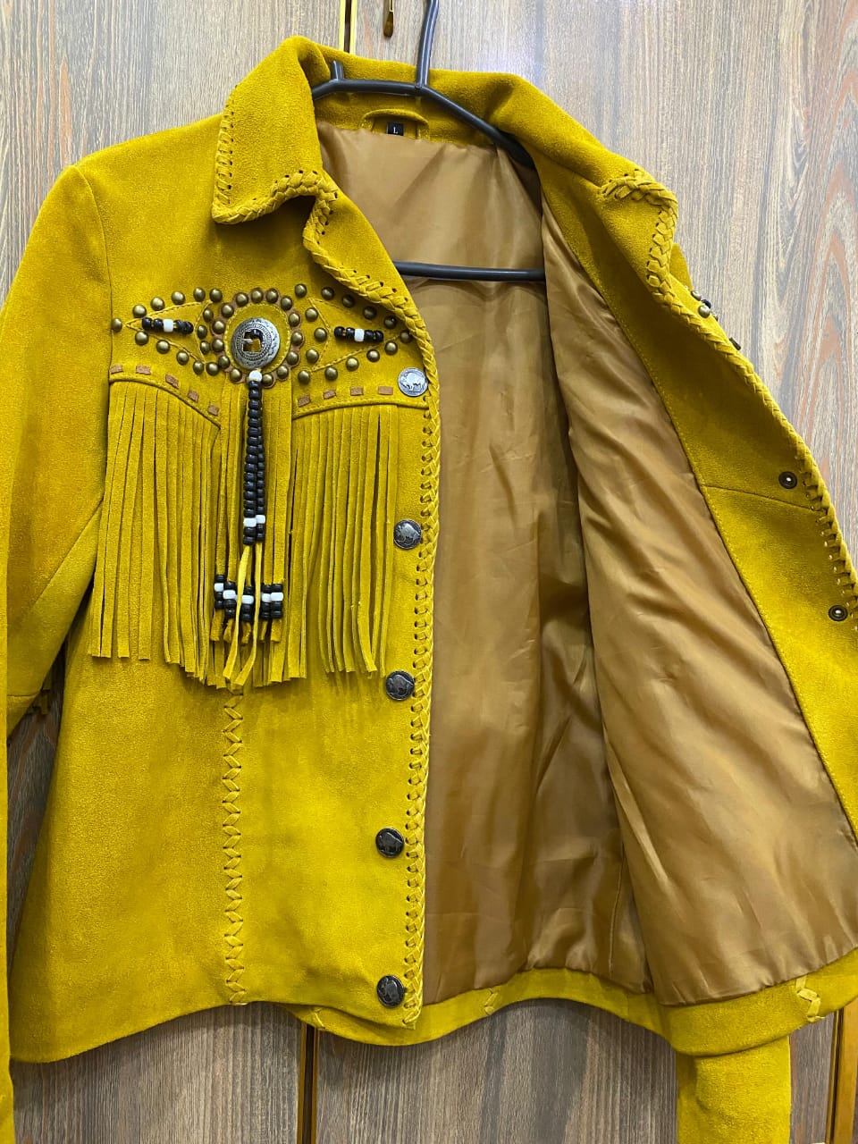 Women’s Genuine Cow Suede Fringe Jacket – Western Boho Studded Concho Tassel Coat, Button Front, Fully Lined (Mustard)