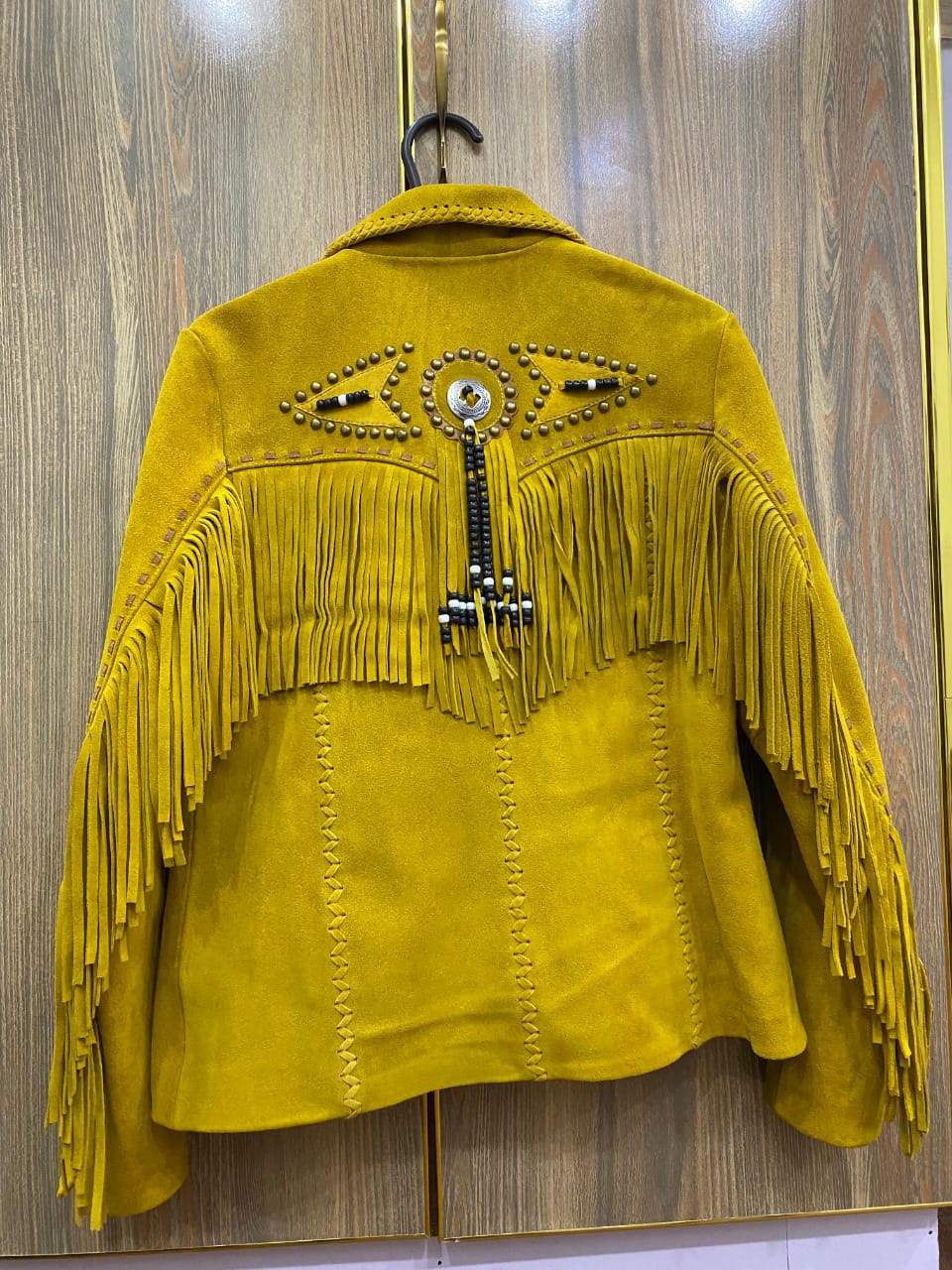 Women’s Genuine Cow Suede Fringe Jacket – Western Boho Studded Concho Tassel Coat, Button Front, Fully Lined (Mustard)