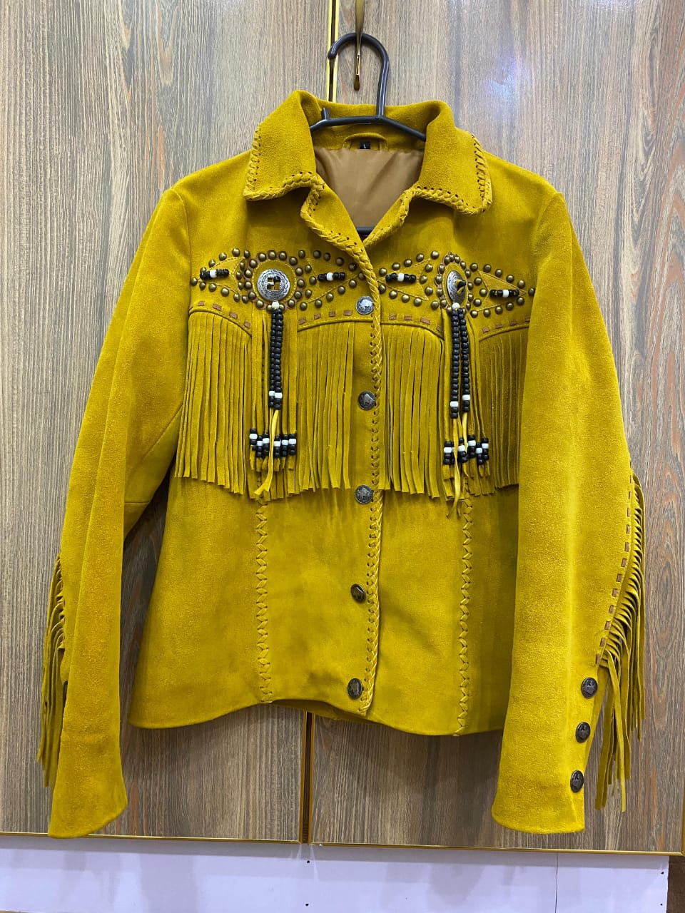 Women’s Genuine Cow Suede Fringe Jacket – Western Boho Studded Concho Tassel Coat, Button Front, Fully Lined (Mustard)