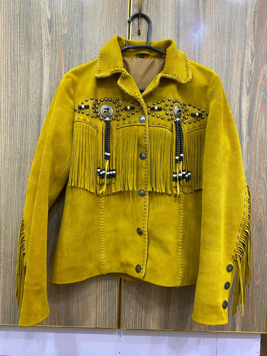 Women’s Genuine Cow Suede Fringe Jacket – Western Boho Studded Concho Tassel Coat, Button Front, Fully Lined (Mustard)
