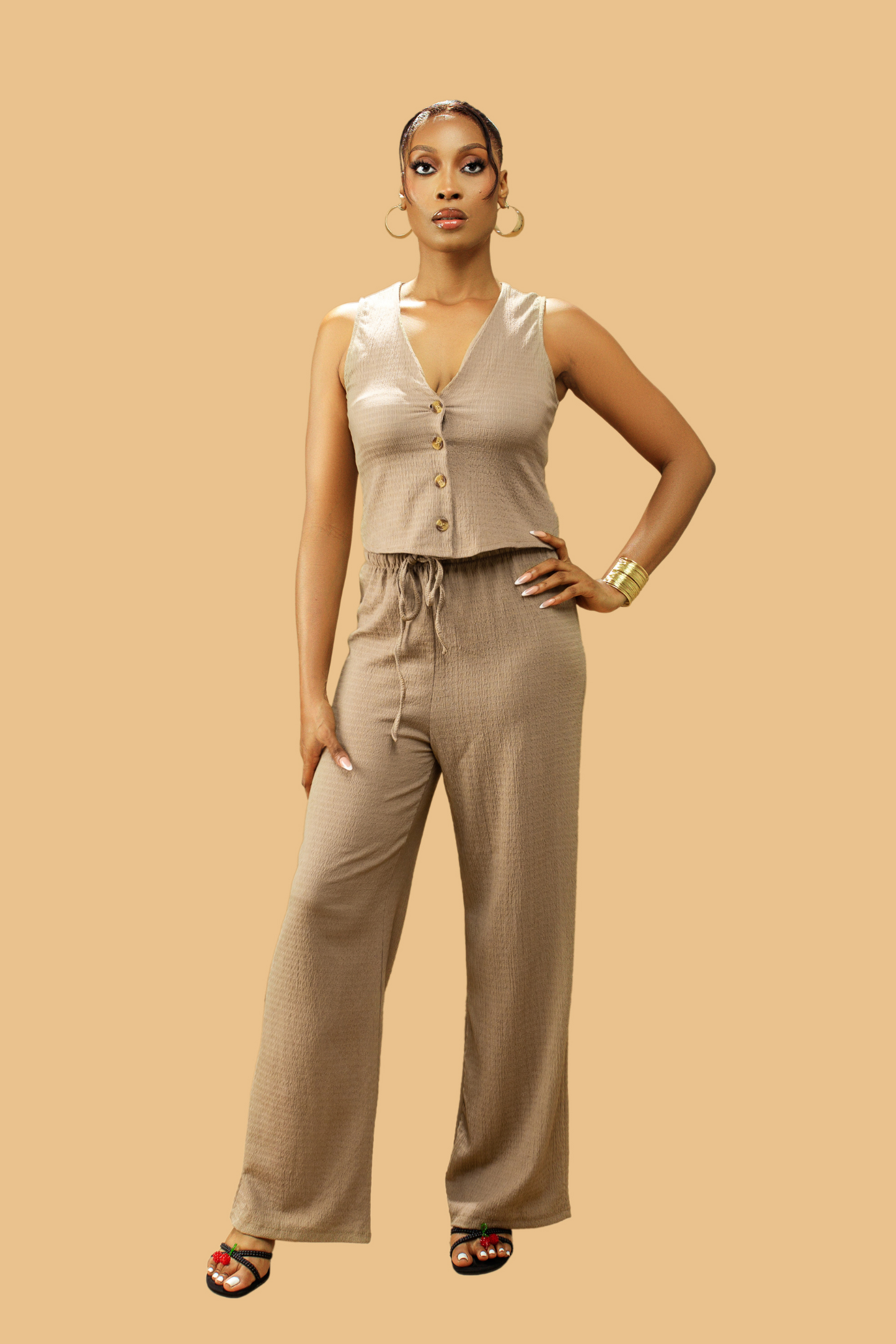 Women's Textured V-Neck Button-Up Waistcoat Co-ord Set