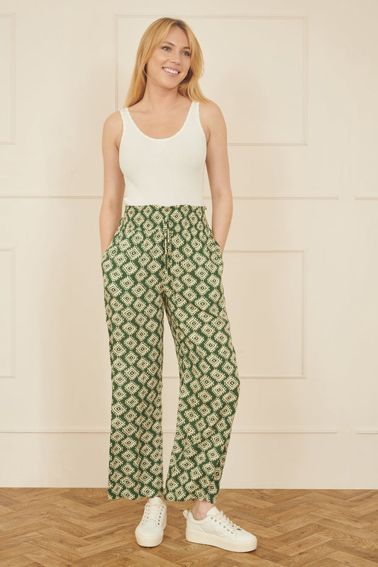 Yumi Green Geo Print Relaxed Fit Trousers