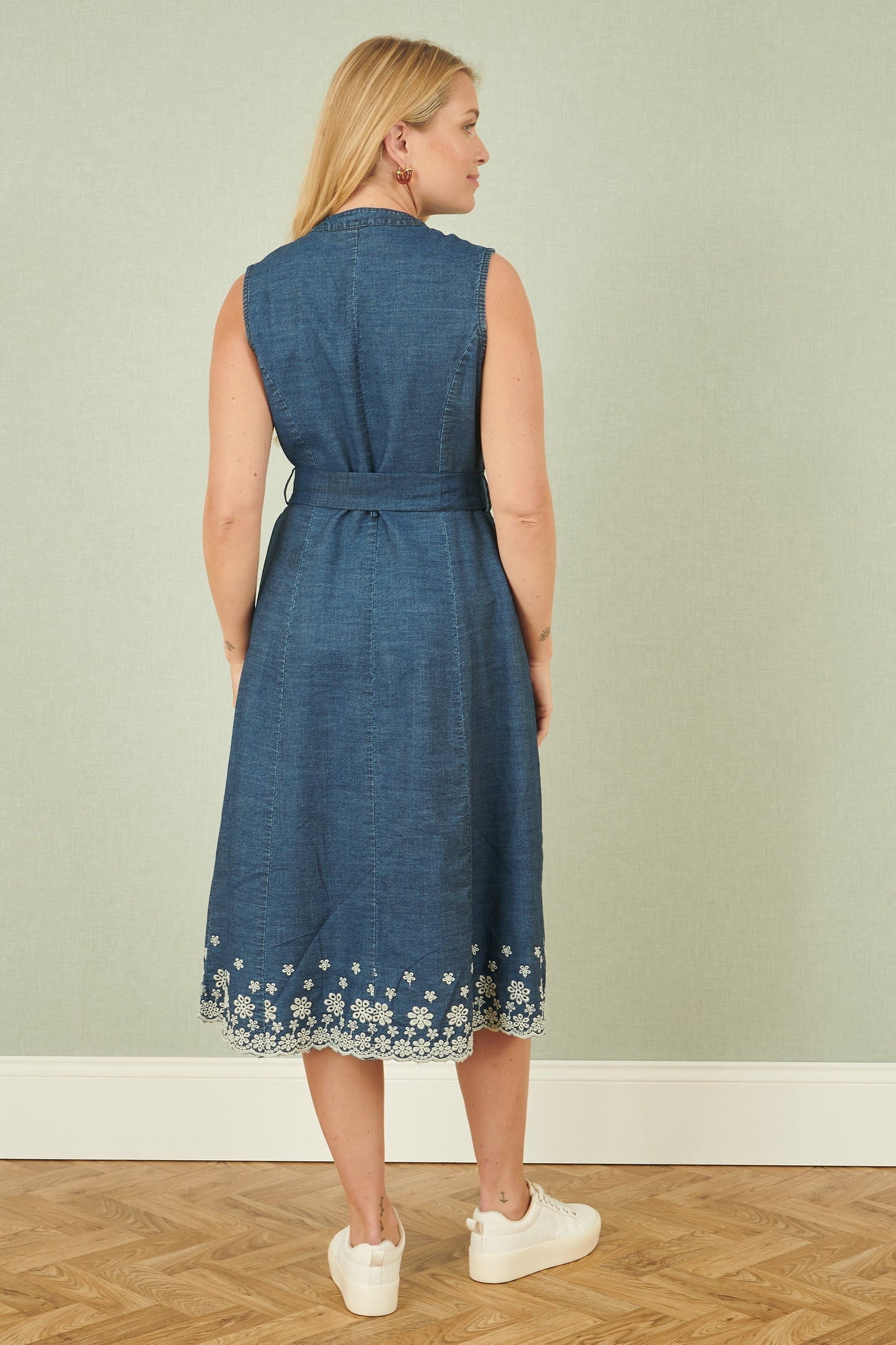 Yumi Blue Chambray Cotton Midi Embroidered Shirt Dress