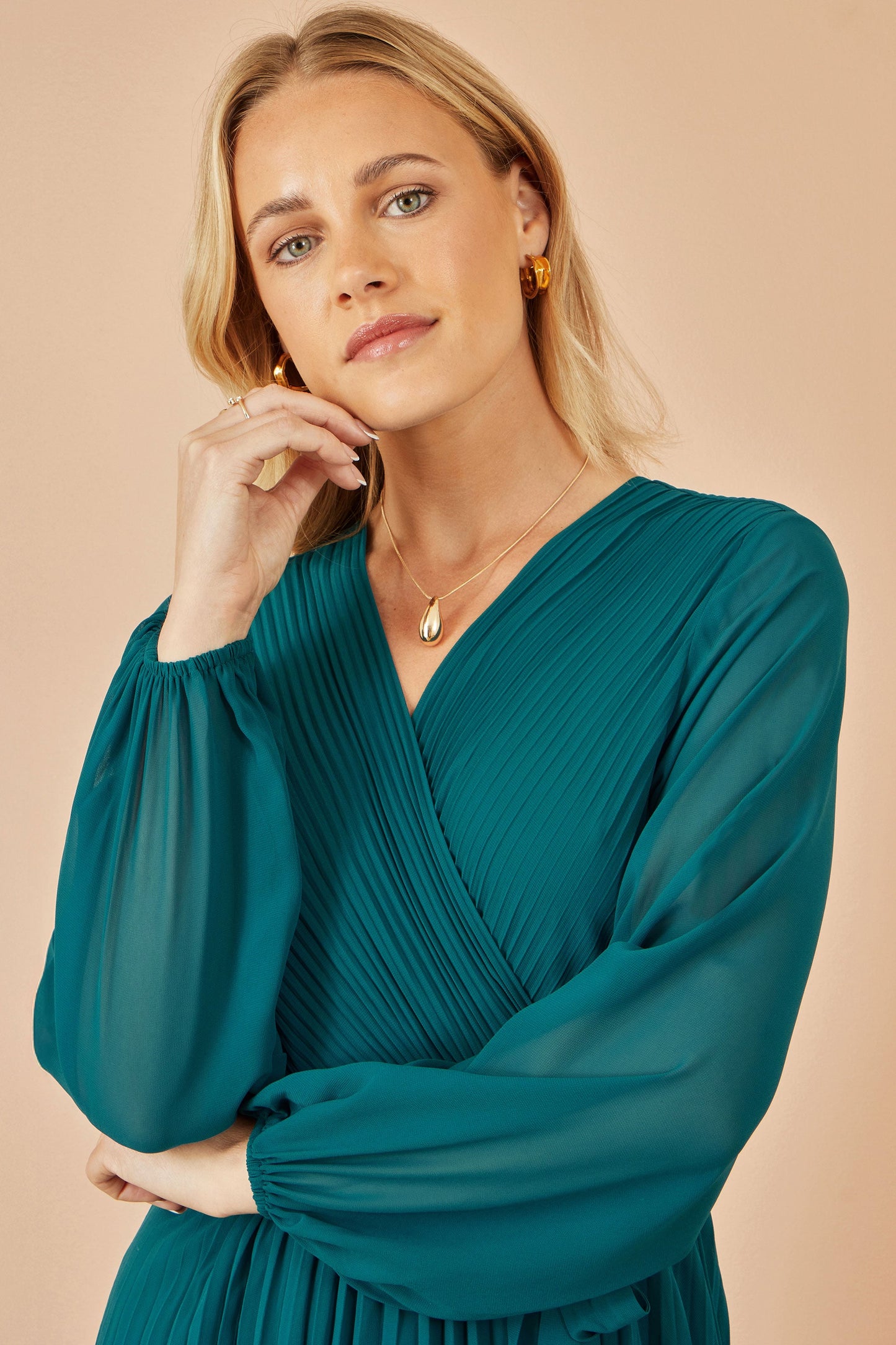 Yumi Teal Pleated Wrap Midi Dress With Sheer Long Sleeves