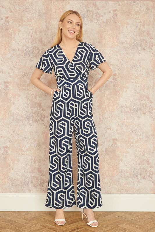 Yumi Navy Oversize Geo Print Jumpsuit
