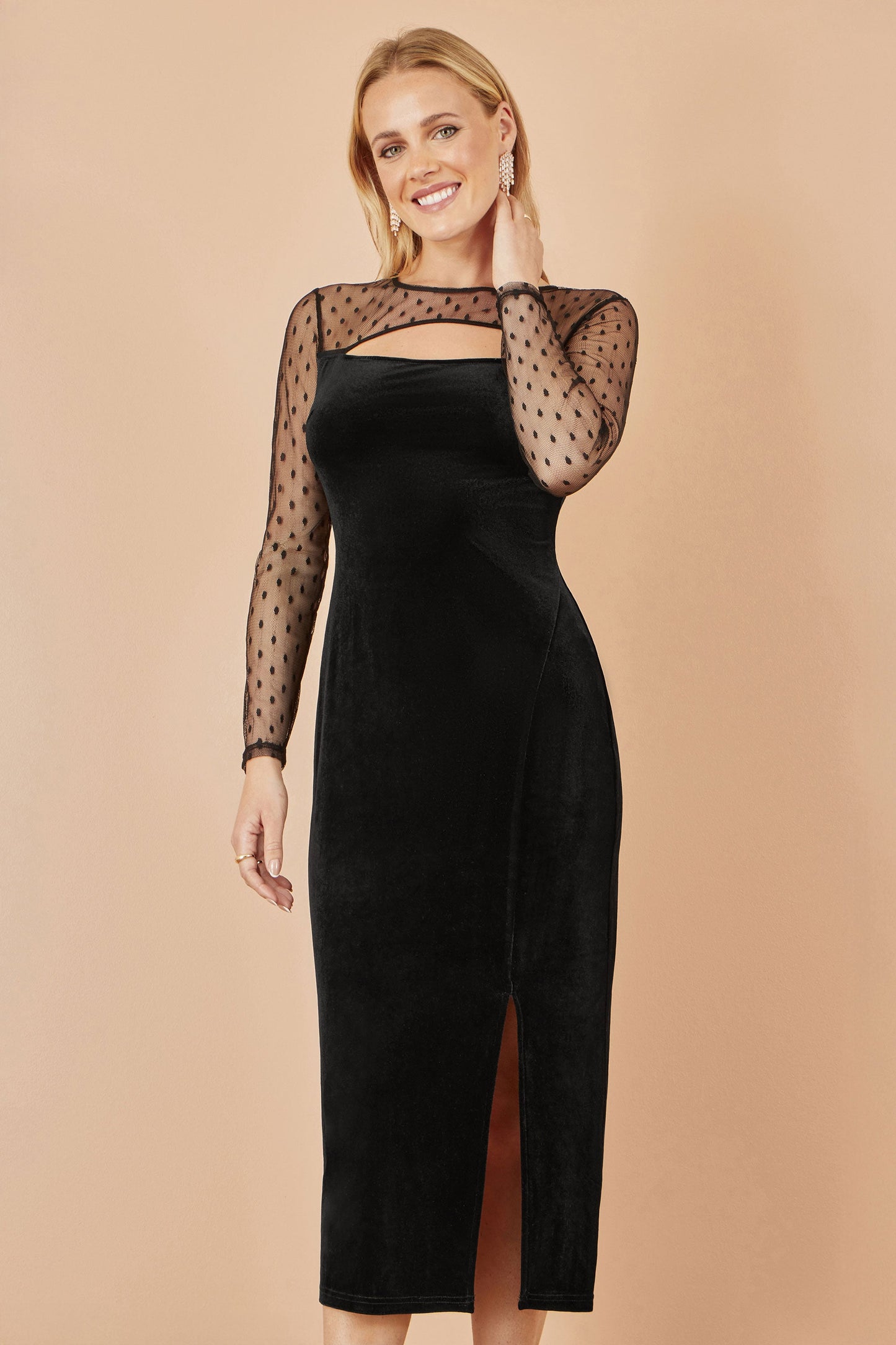 Yumi Black Velvet Midi Dress With Slash Neckline and Sheer Sleeves