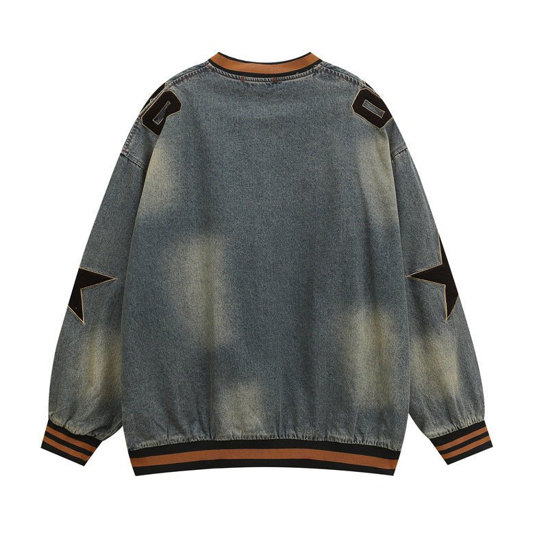 Denim V-Neck Star Letter Sweater