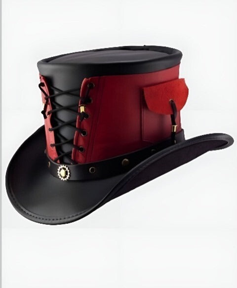 Genuine Leather Steampunk Top Hat – Red & Black Corset-Laced Victorian Hat with Side Pocket
