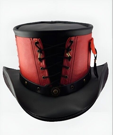 Genuine Leather Steampunk Top Hat – Red & Black Corset-Laced Victorian Hat with Side Pocket