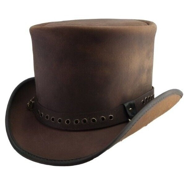 Brown Genuine Leather Steampunk Top Hat – Vintage Victorian Curved Brim with Eyelet Band – Unisex Cosplay/Festival Costume