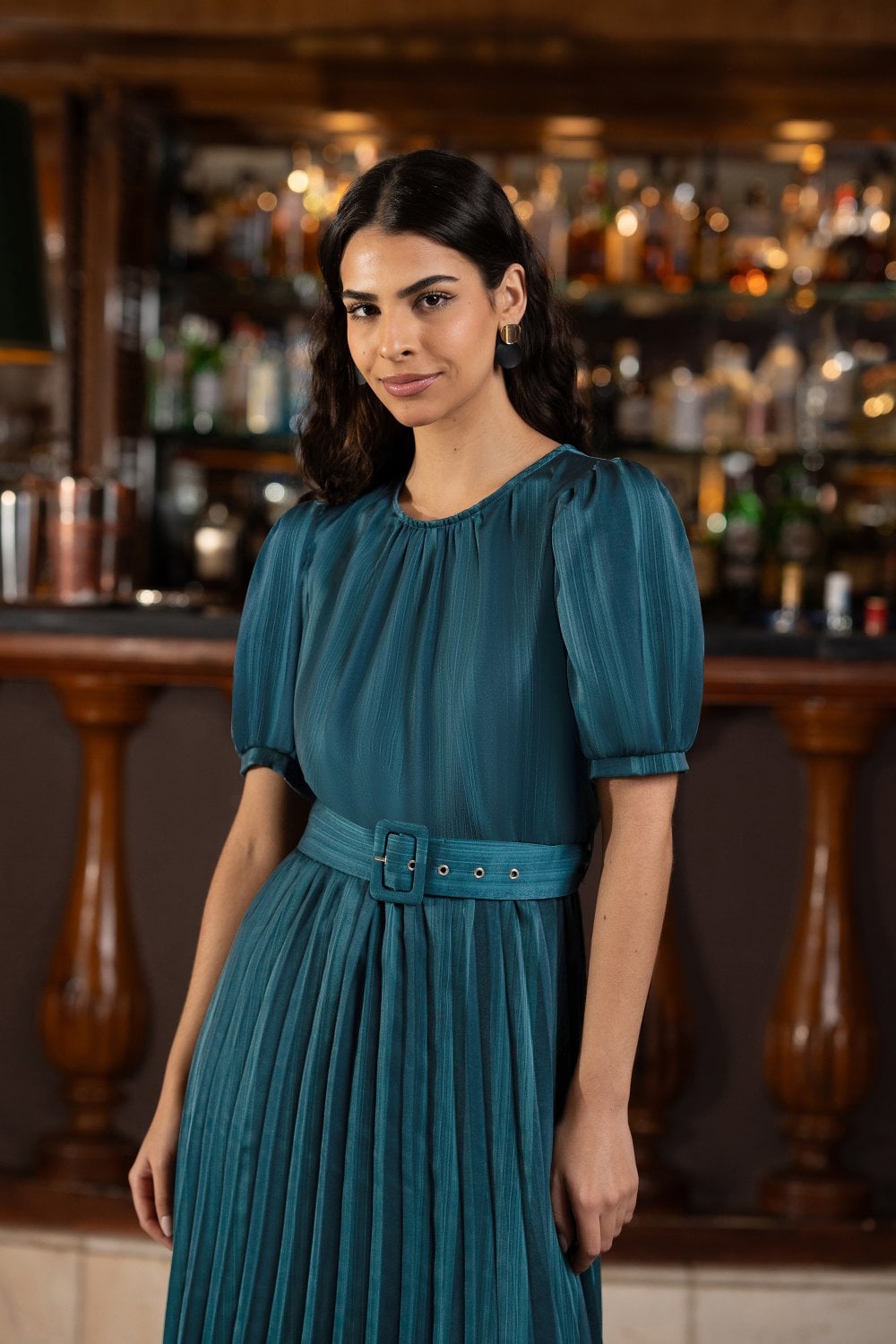 Yumi Green Satin Striped Midi Dress With Pleats and Matching Belt