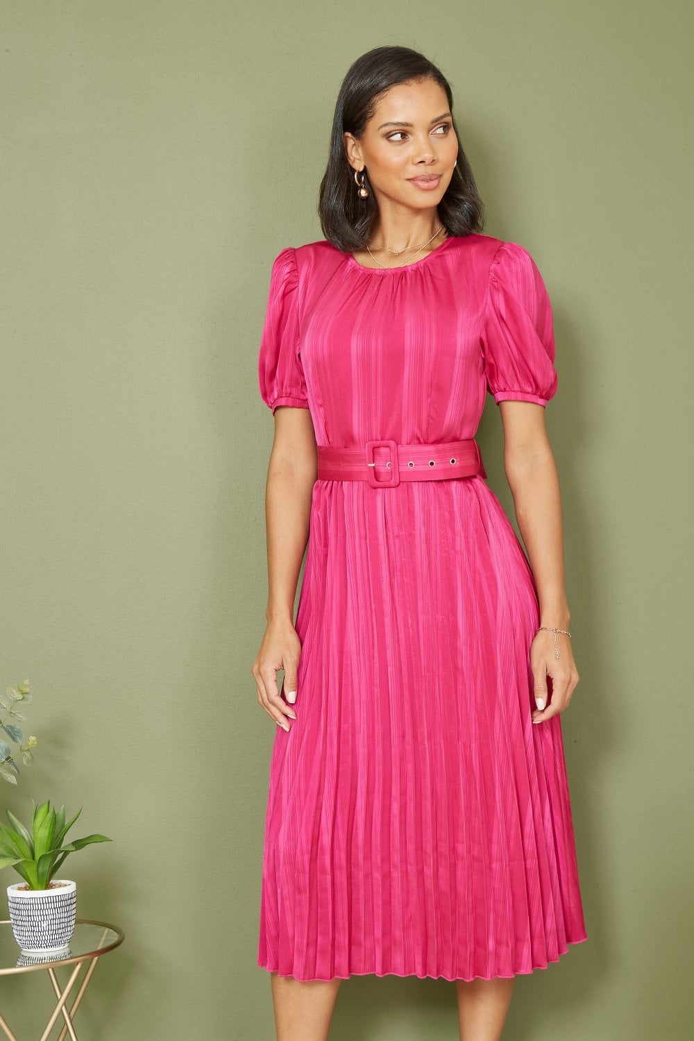 Yumi Pink Satin Striped Midi Dress With Pleats and Matching Belt